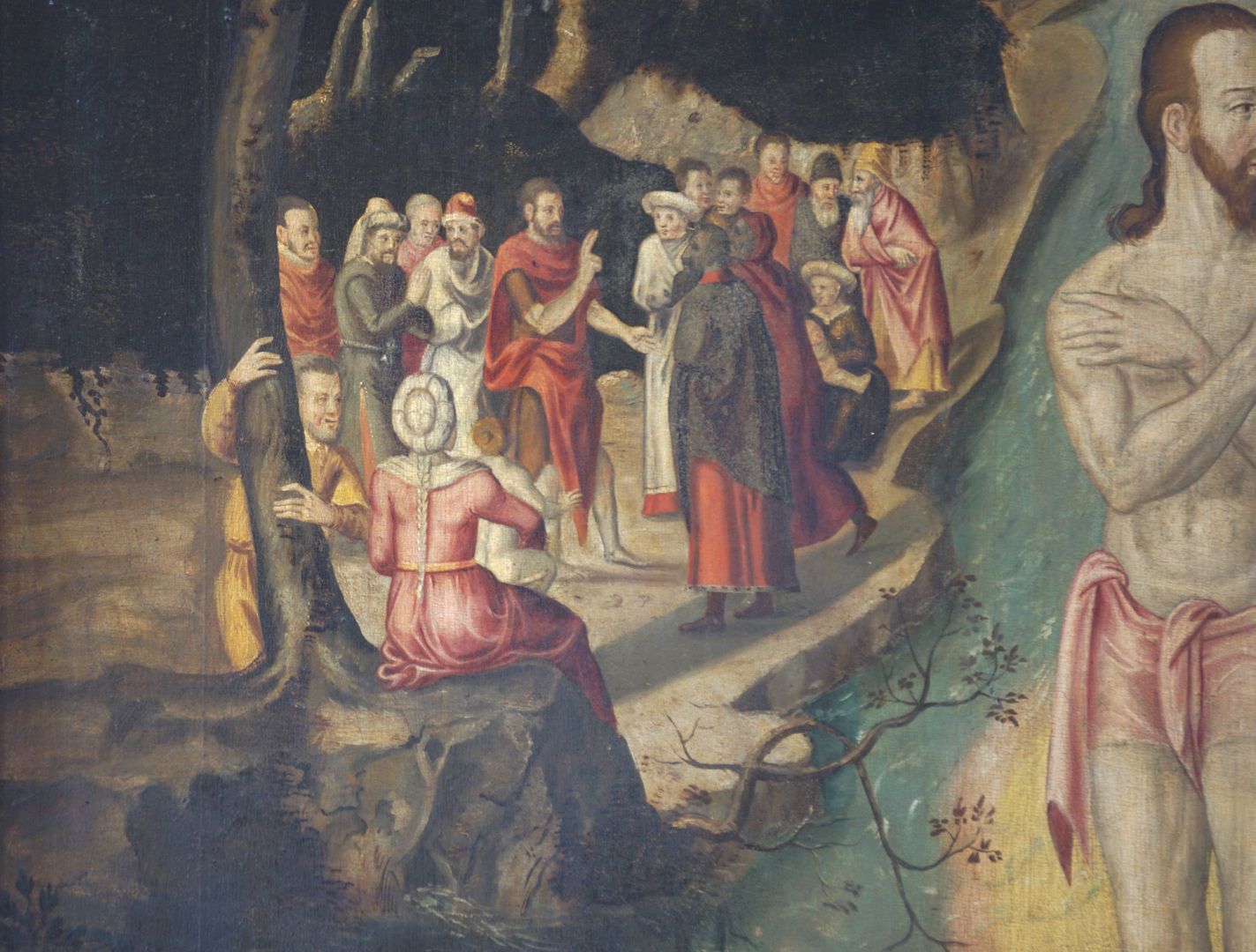 Epitaph Oertel Szene, wo Johannes predigt, seine rechte Hand im Sprech- oder Segensgestus.