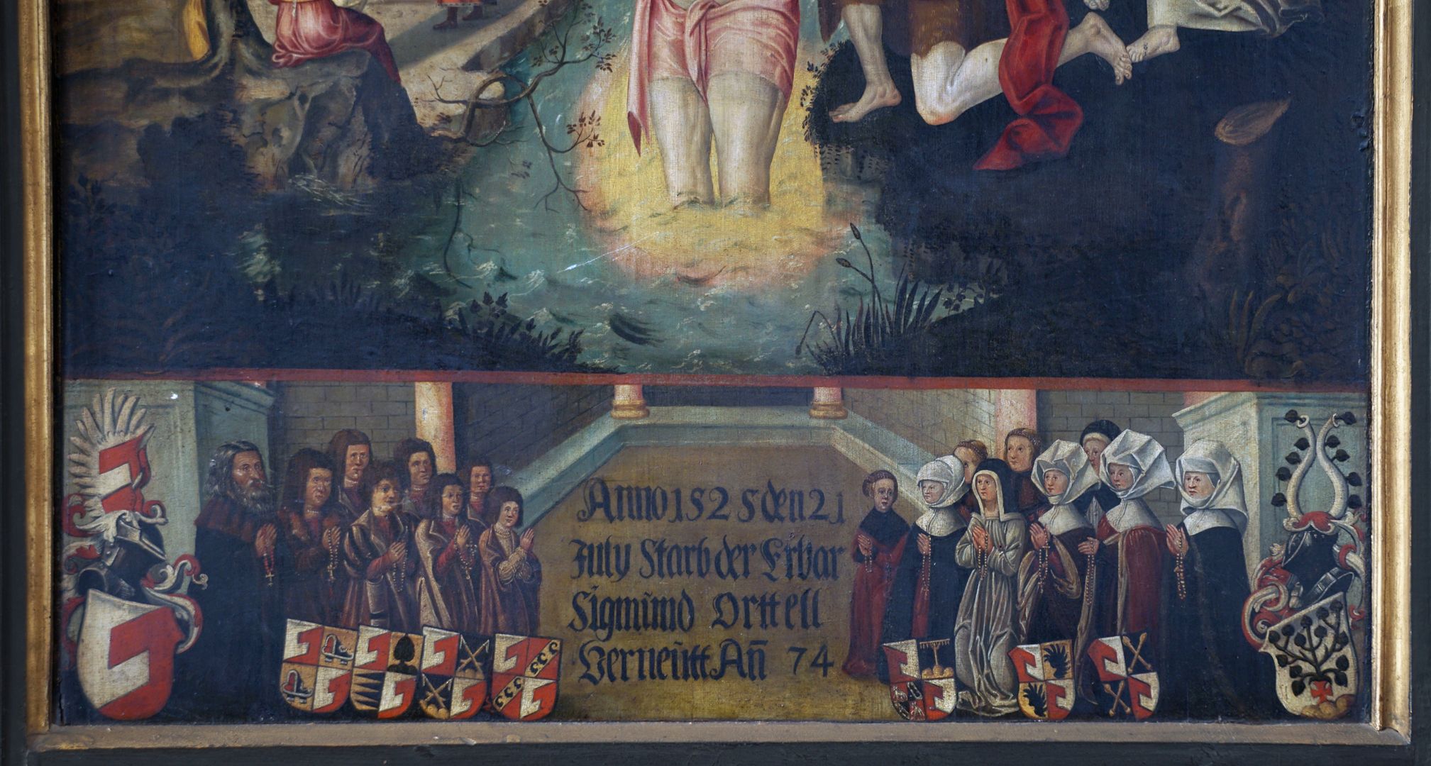 Epitaph Oertel Sterbeinschrift, Stifterfamilie mit Wappen, Söhne und Töchter mit Allianzwappen