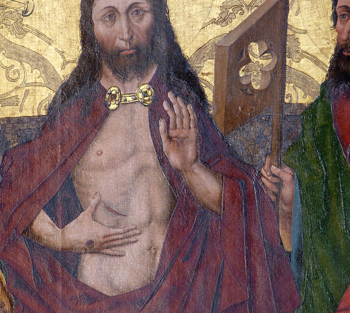 Schmerzensmann zwischen den Heiligen Philippus und Jakobus Minor Der Auferstandene zeigt seine Wundmale