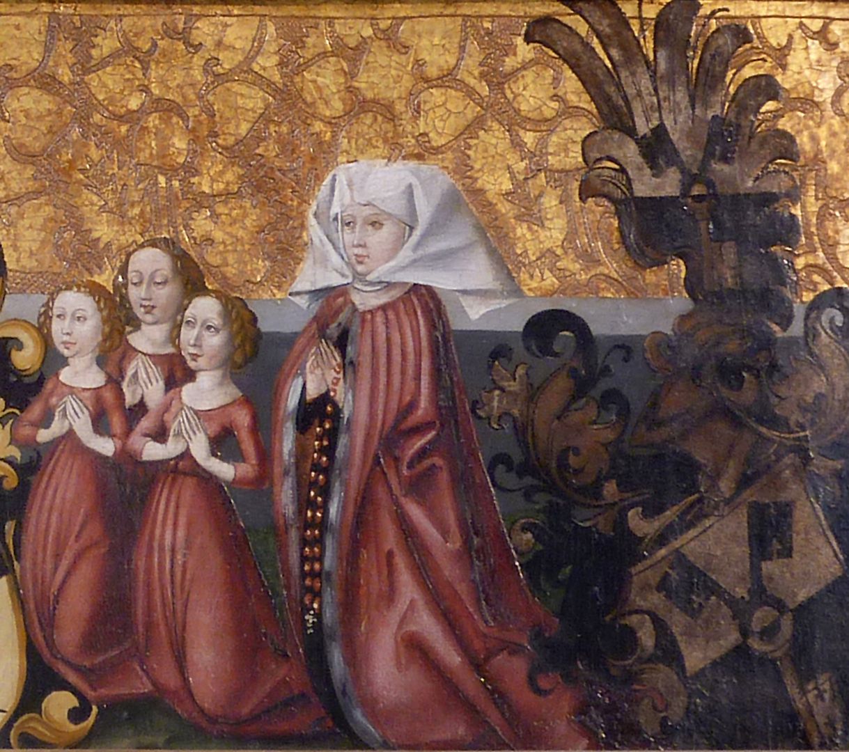 Himmelfahrt Christi Katharina Schlüsselfelder (gestorben am 29. Mai 1474), die erste Ehefrau von Sigmund Fürer mit ihren Töchtern und dem Schlüsselfelderwappen (Heirat am 9. November 1467)