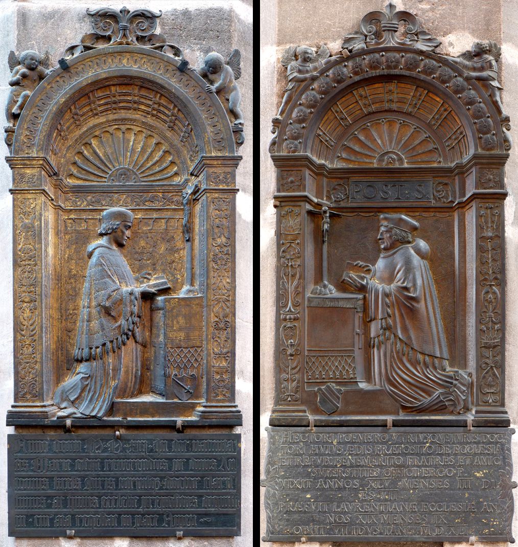 Epitaph für Dr. Hector Pömer d.J. links: Gedenkplatte Dr. Anton Kress, rechts: das Epitaph Hector Pömers ist als Gegenüber gedacht.