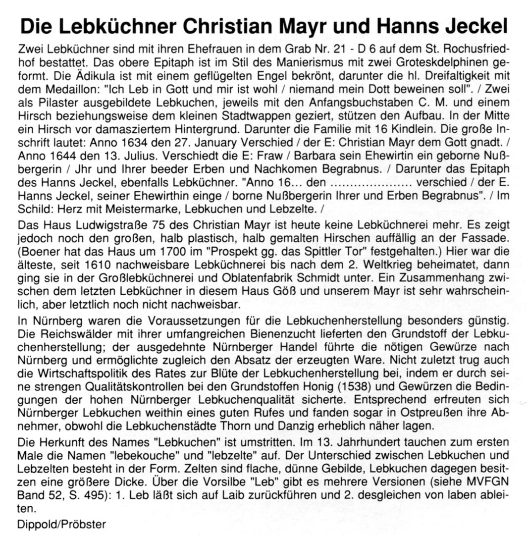 Grabstätte Christian Maijr (Mayr, Mair) Barbara Nussberger und Hanns Jeckel Sankt Rochuskirchhof, Epitaphien, Bürgerverein St. Johannis-Schniegling-Wetzendorf, Nürnberg, 1989, Ergänzungsblätter 2009, Seite 15
