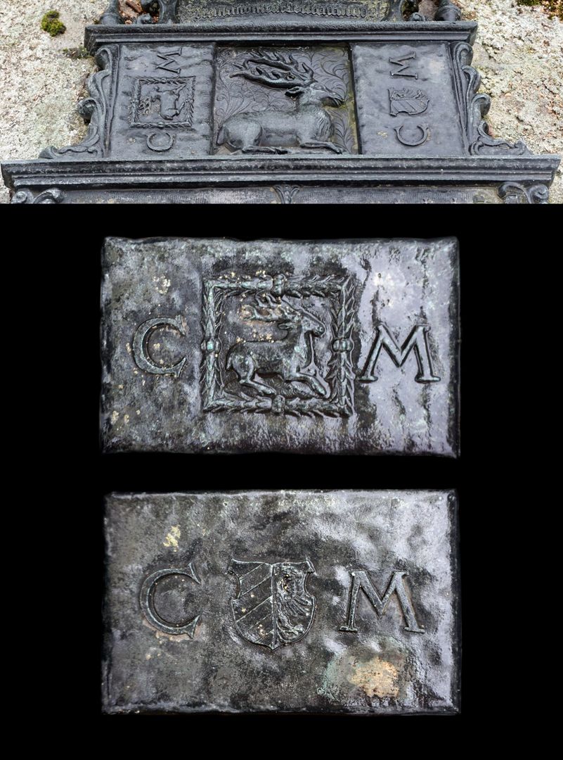 Grabstätte Christian Maijr (Mayr, Mair) Barbara Nussberger und Hanns Jeckel Detailansicht: Lebkuchen mit Prägebildern Hirsch und Stadtwappen und den Initialen von Christian Mair