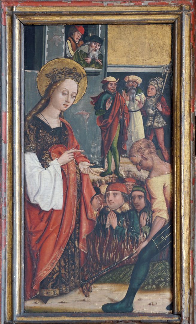 Katharinenaltar in St. Egidien linke Flügelinnenseite oben, Verbrennung der Philosophen: Der Kaiser ließ 50 Philosophen kommen, Katharina widerlegt und überzeugt alle, so daß sie sich zu Christus bekennen. Sie werden vom erzürnten Kaiser unmittelbar dem Feuertod überantwortet.