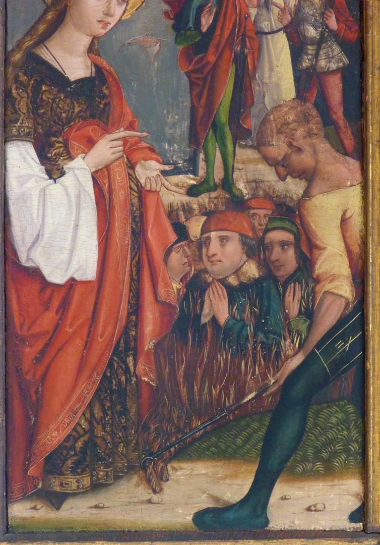 Katharinenaltar in St. Egidien Verbrennung der Philosophen im Detail