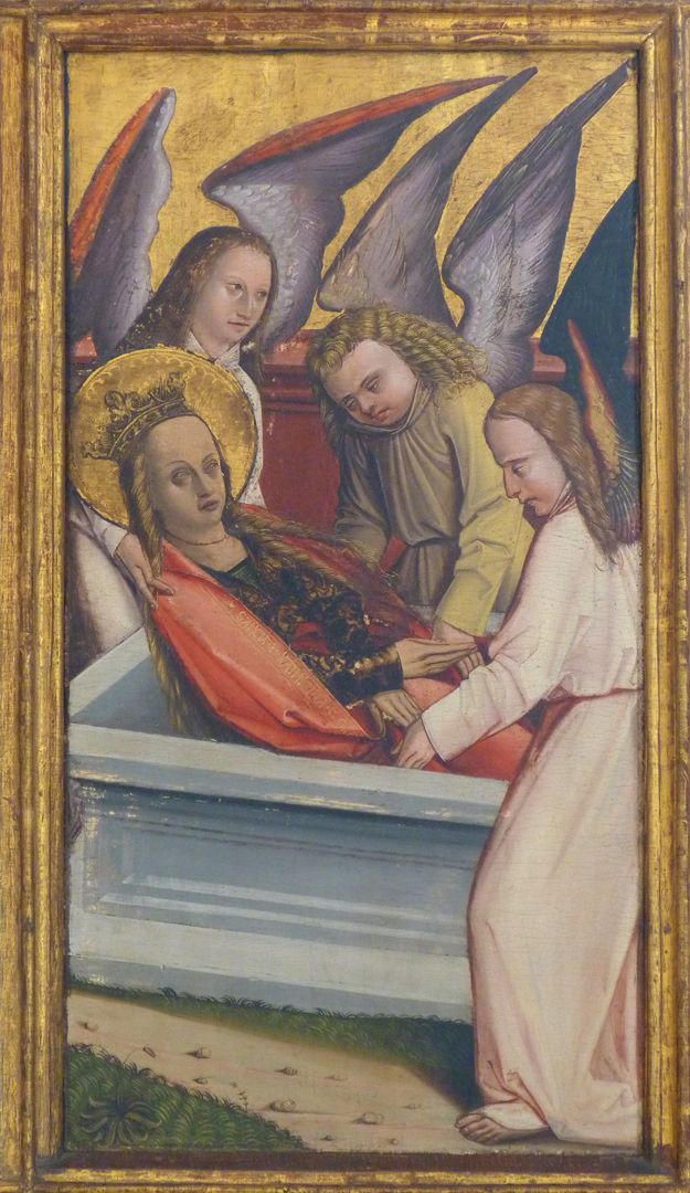 Katharinenaltar in St. Egidien rechte Flügelinnenseite oben, Katharina wird von Engeln in ein Grab aus Marmelstein auf den Sinai gelegt