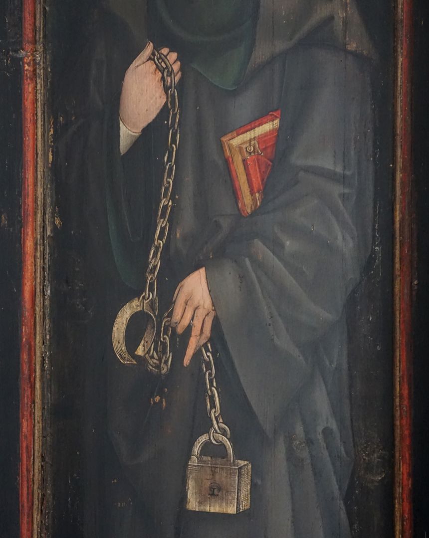 Katharinenaltar in St. Egidien rechter Außenflügel, Leonhard von Limoges, Detailansicht mit Attribut