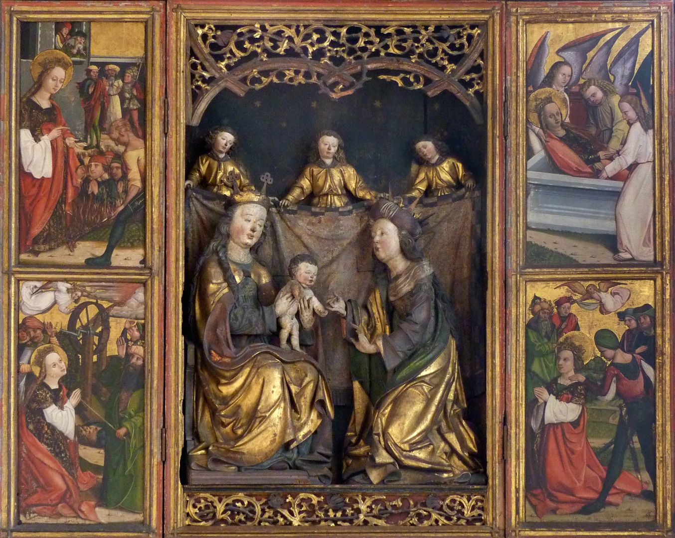 Katharinenaltar in St. Egidien geöffneter Altar, auf den Flügeln Darstellungen aus der Heiligenlegende der Katahrina