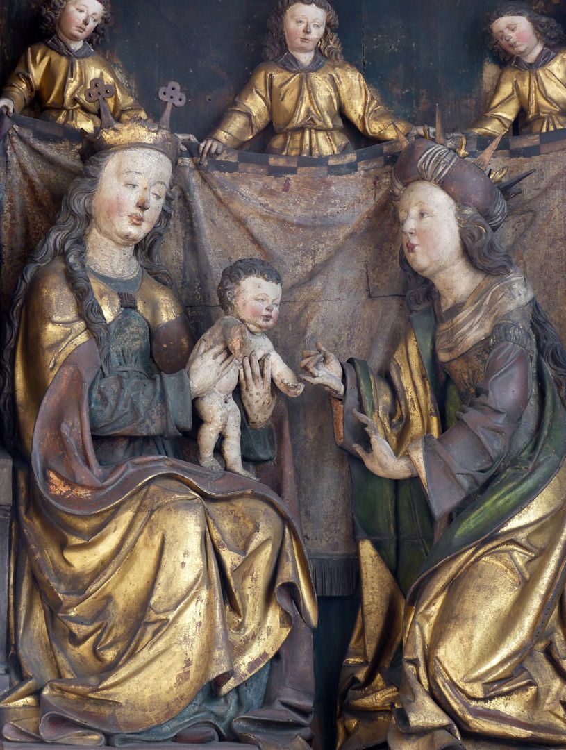 Katharinenaltar in St. Egidien Mittelschreindarstellung: Katharina erlebt im Traume, wie das Jesukind ihr einen Verlobungsring an den Finger steckt.