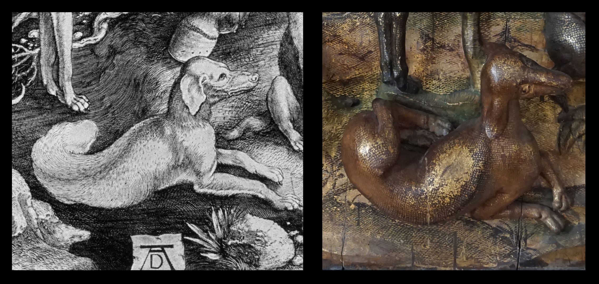 San Huberto (eigentlich Eustachius) Detail aus dem Bildvergleich: Der Bildschnitzer führt seine Ansicht der Liegeposition des vorderen Hundes aus. Die in Dürers Stich nicht sichtbaren Hinterbeine dreht er nach vorne zur Seite des Hundes.