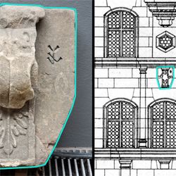 <Stein mit Konsole und Jahreszahl / Toplerhaus / Fassadenaufriss