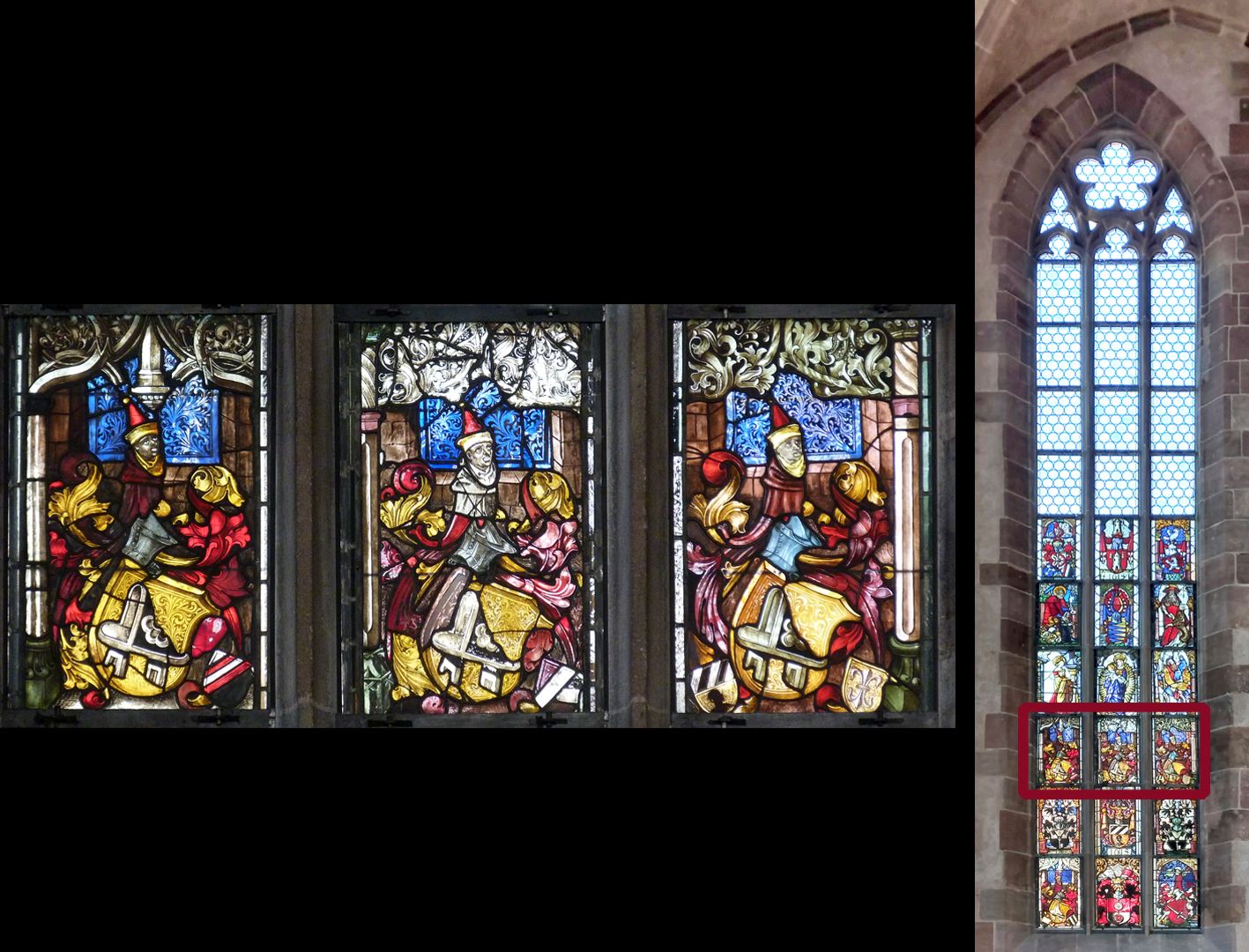 Fenster n VI 3. Zeile mit Holzschuher Wappen (Alle drei Scheiben stammen ursprünglich aus dem Holzschuher-Fenster in St. Sebald)