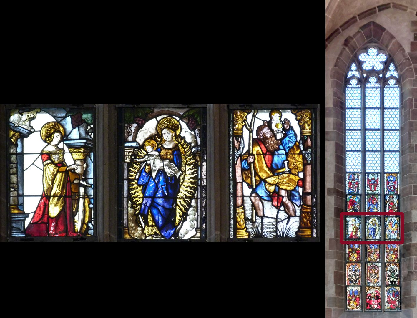 Fenster n VI vierte Zeile (Fenster a und b: Mystische Vermählung der Hl. Katharina, Komposition fußt auf einem Entwurf Hans von Kulmbach, siehe Hartmut Scholz / Fenster c: Hl. Christophorus)