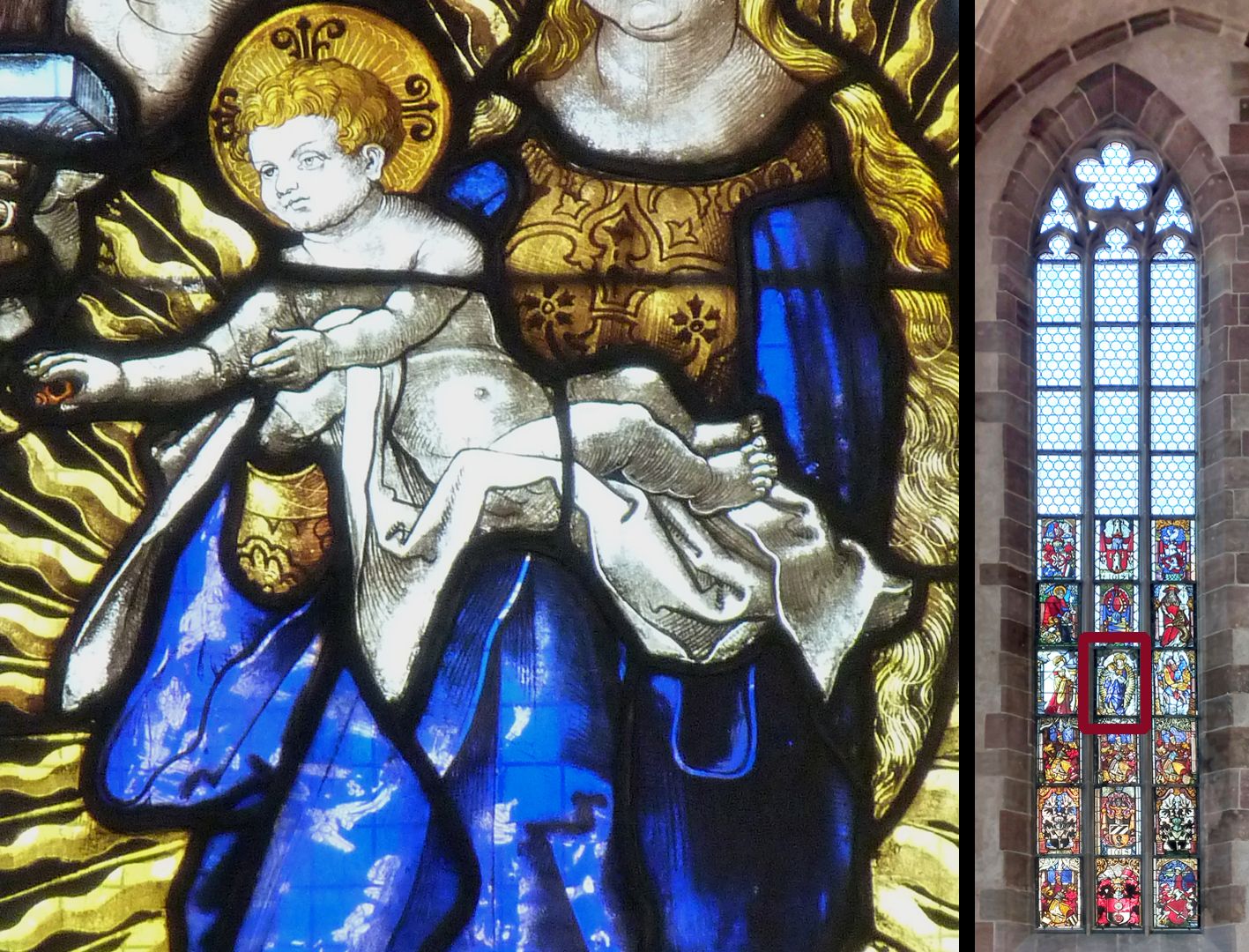 Fenster n VI 4. Zeile, Fenster b, Detailansicht mit dem von Christus dargereichten Ring.