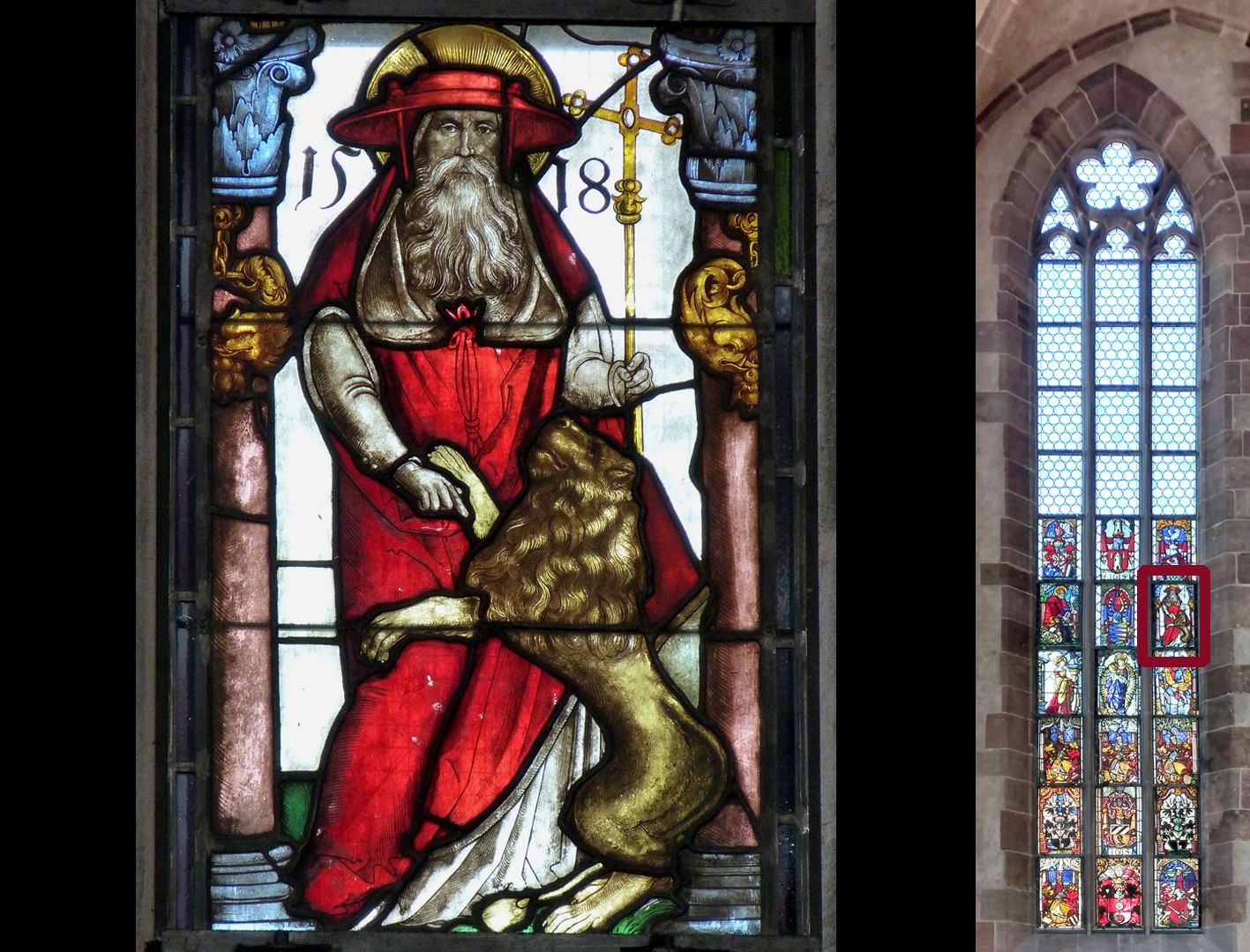 Fenster n VI 5. Zeile, Fenster c: Der Heilige Hieronymus mit Löwen (Datierung: 1518 / Hirsvogel-Werkstatt)