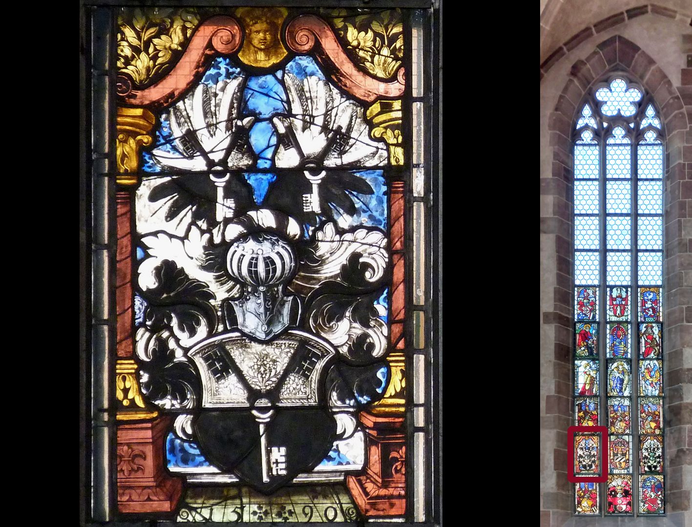 Fenster n VI 2. Zeile, Fenster a: Wappen der Schlüsselfelder von Kirchensittenbach (Inschrift auf dem Fliesenboden 15 / 90 )