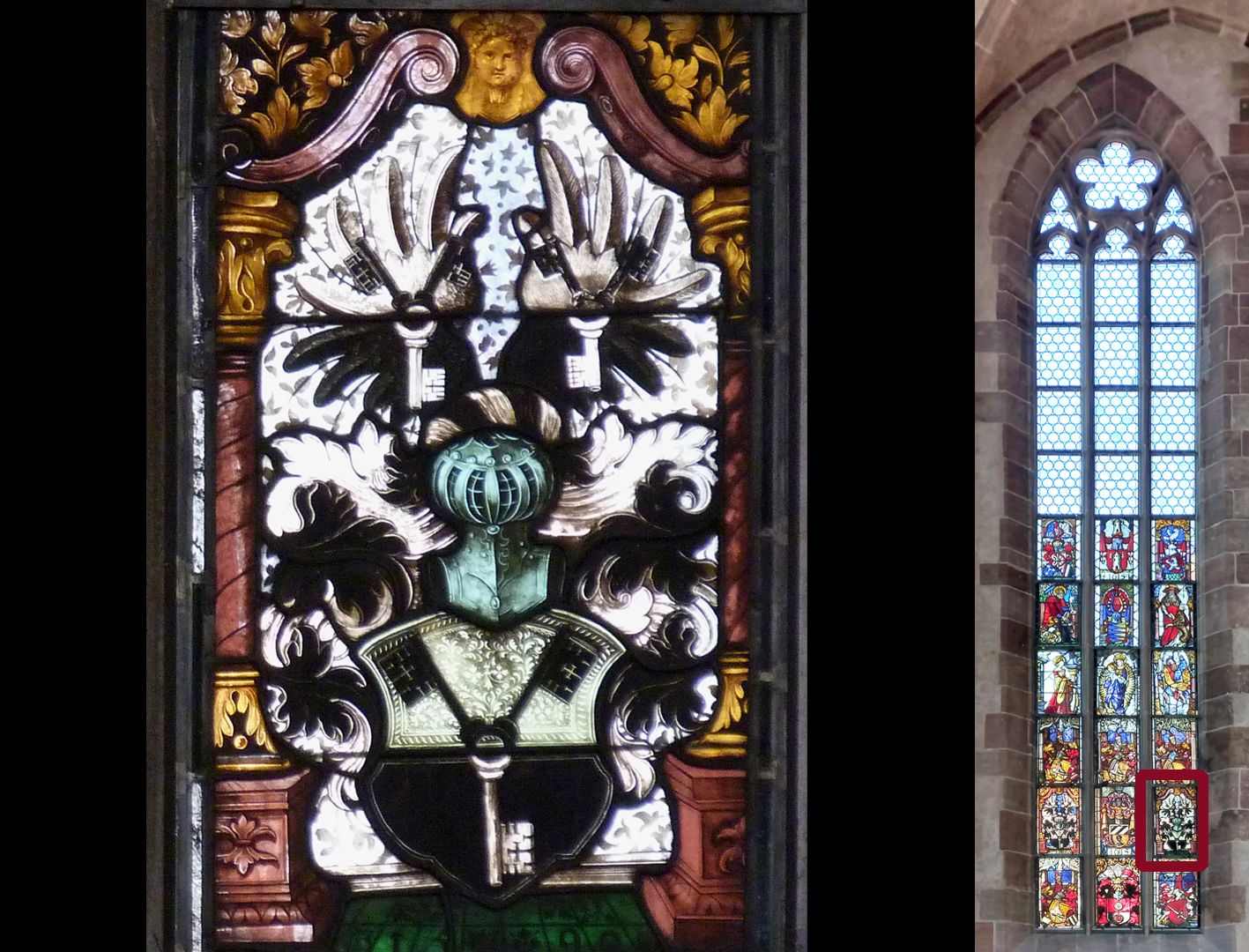 Fenster n VI 2. Zeile, Fenster c, Wappen der Schlüsselfelder von Kirchensittenbach (Datierung auf dem Fliesenboden: 1590)