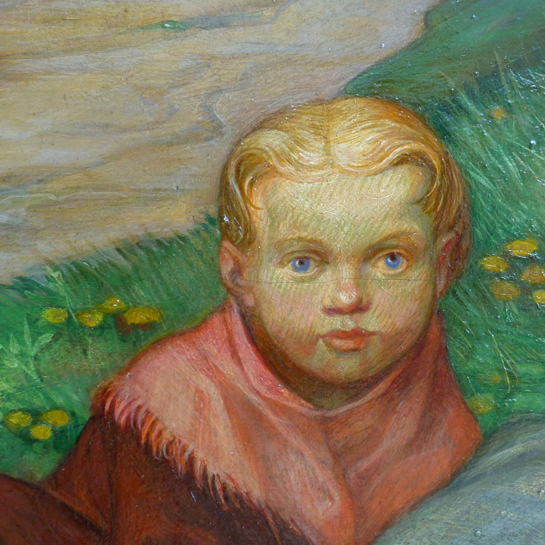 Frau am Steinkreuz Detail mit Kinderportrait