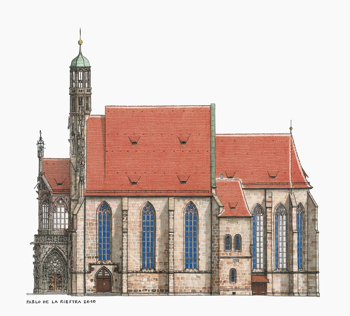Die Frauenkirche als Architektur kolorierte Tuschezeichnung der Südseite