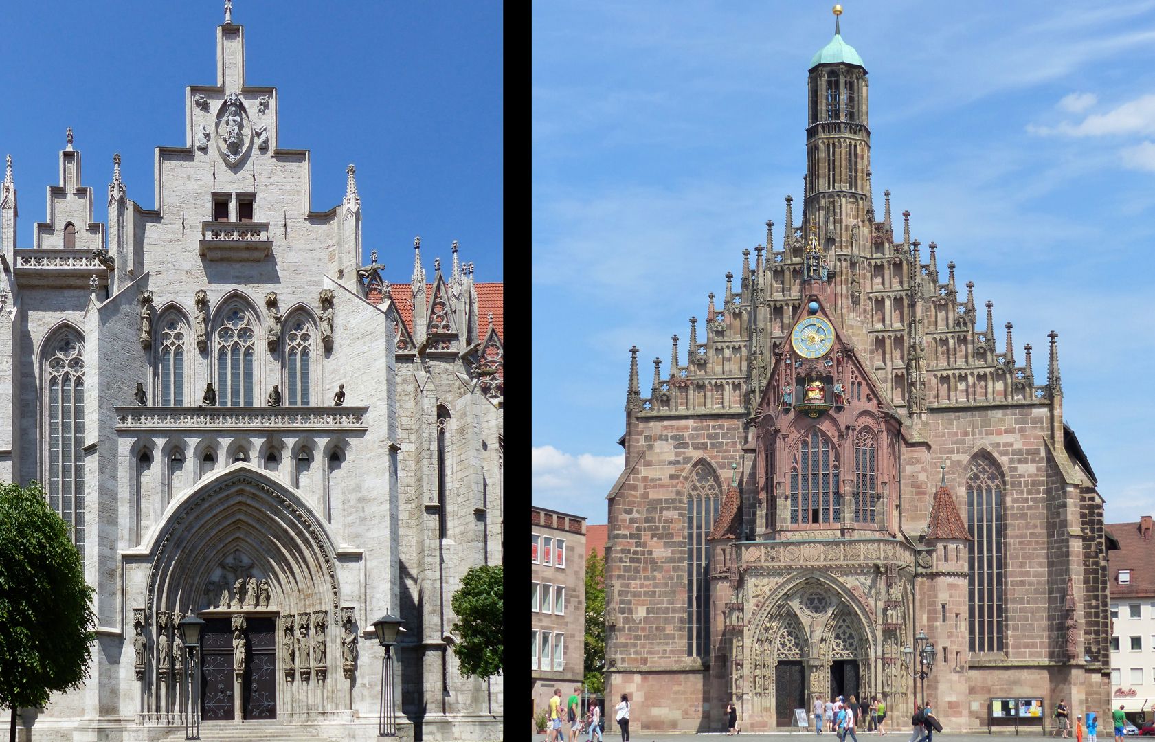Die Frauenkirche als Architektur Bildvergleich, links Marienkirche in Mühlhausen