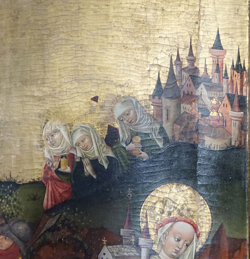 Auferstehung Christi Detailansicht, bei der Darstellung Jerusalems im Hintergrund ist vorn der Tempel Salomos erkennbar