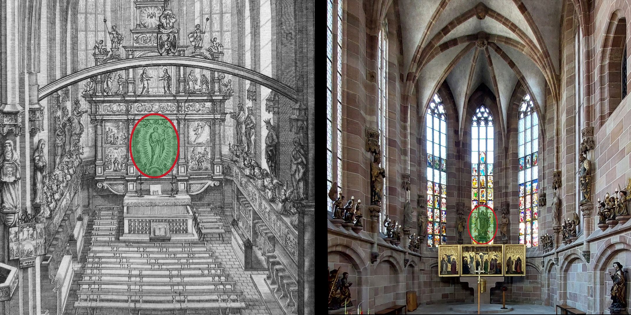 Welser-Madonna Bildvergleich: links Standort der Madonna im Welser-Altar (Stiftung aus dem Jahr 1520-25) / rechts heutiger Standort