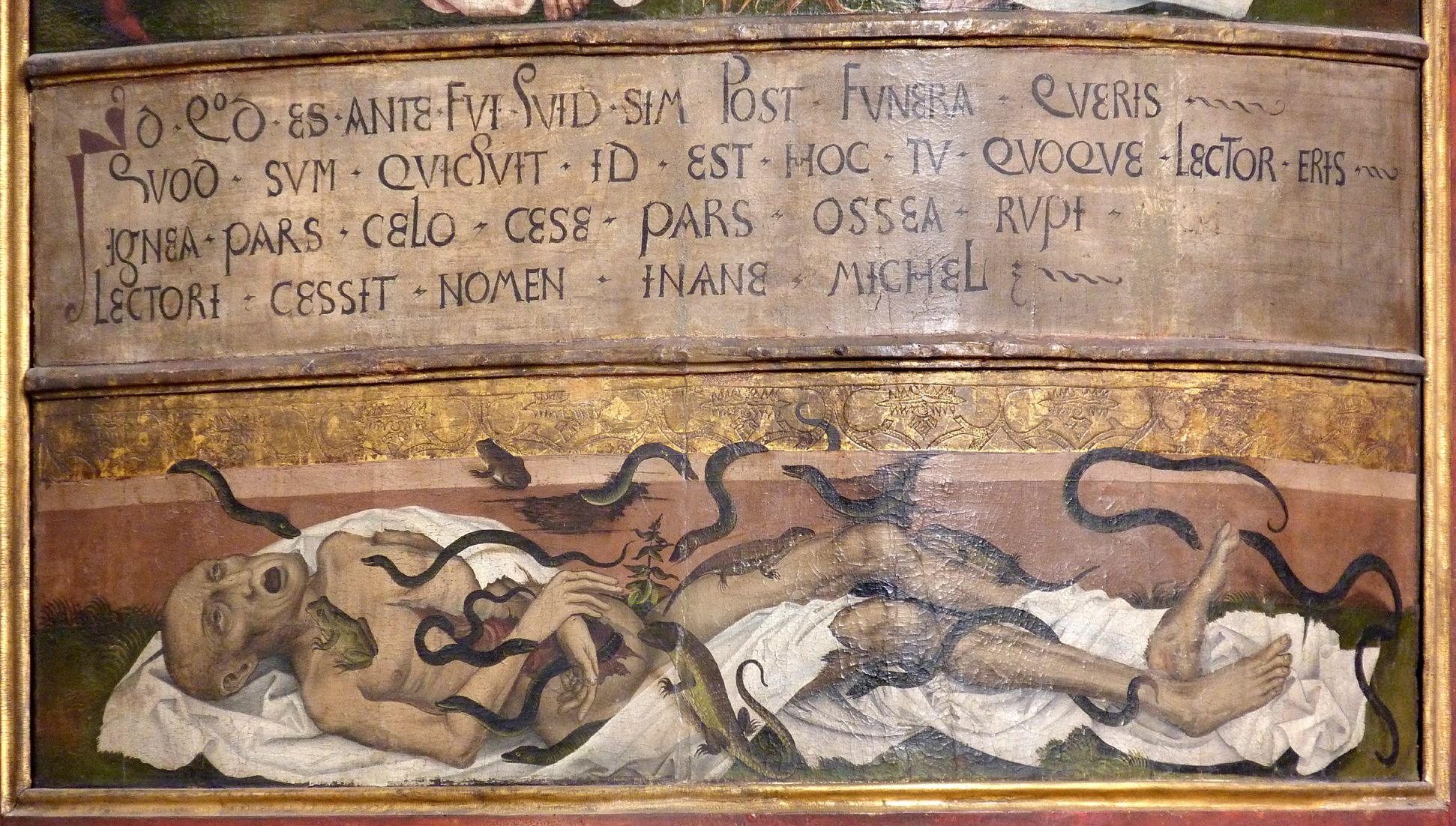 Epitaph für den königlichen Küchenmeister Michael Raffael (Rafaeli) aus Görz (Gorizia) Inschrift und der von Reptilien zerfressene Leichnam