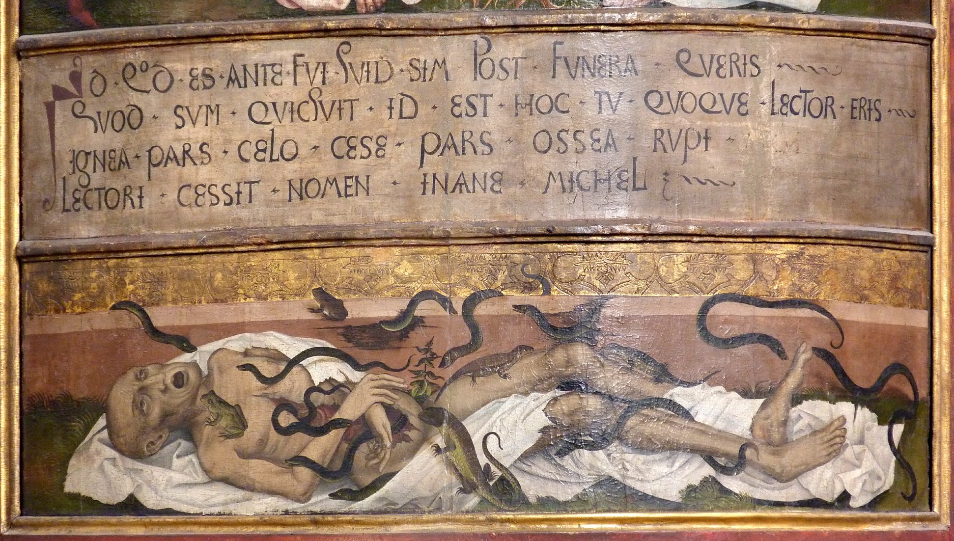 Epitaph für den königlichen Küchenmeister Michael Raffael (Rafaeli) aus Görz (Gorizia) Inschrift und der von Reptilien zerfressene Leichnam