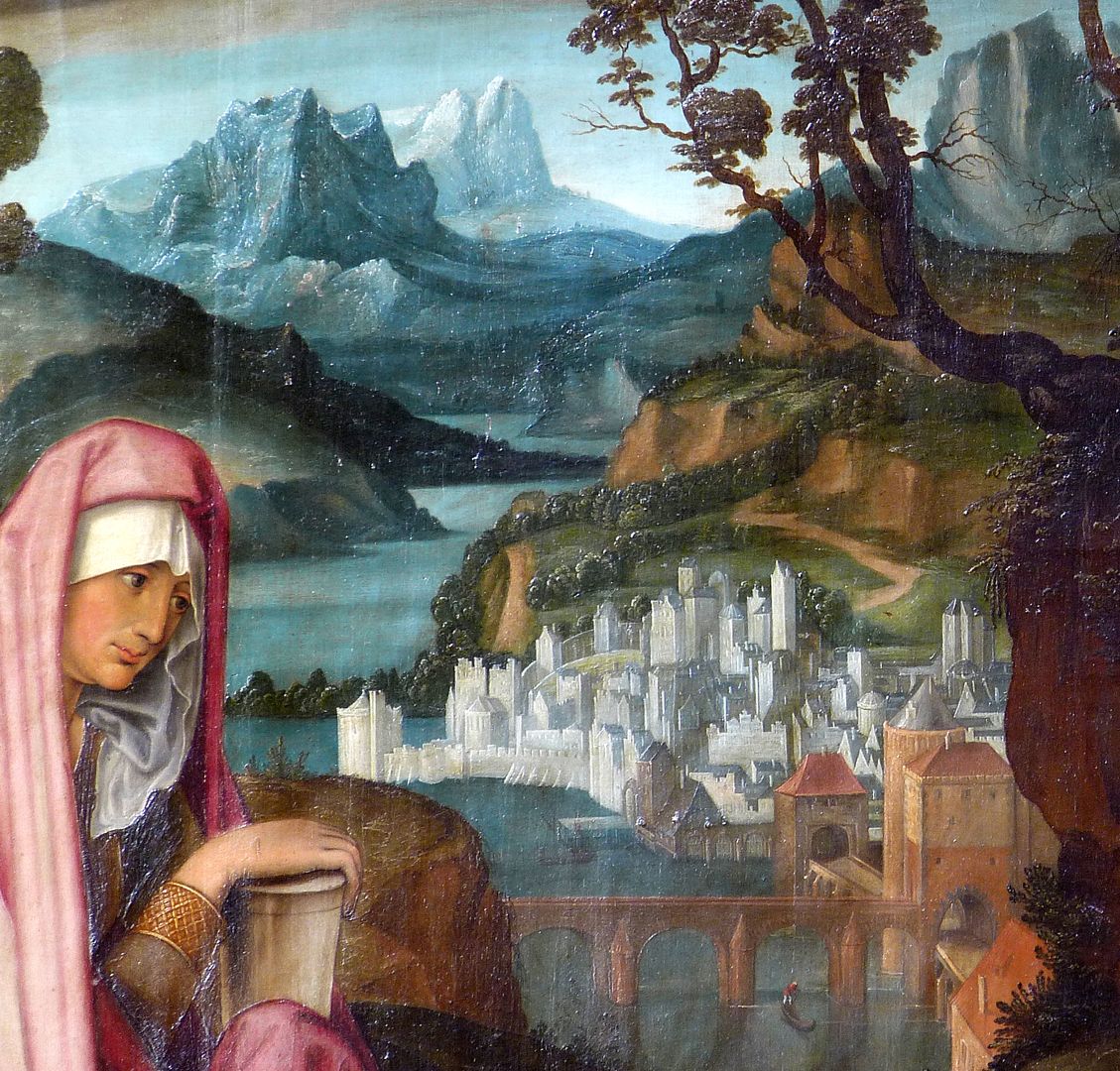 Die Beweinung Christi Im Bildhintergrund Landschaft und Fantasiestadt, davor Maria Magdalena mit einem Salbgefäß in den Händen