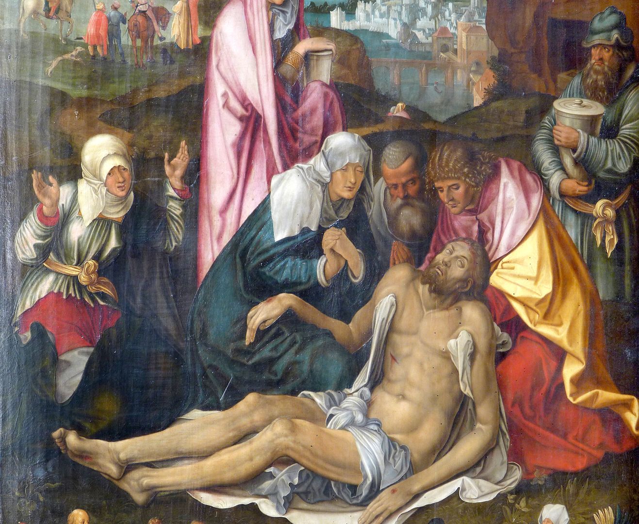 Die Beweinung Christi Personen von links nach rechts: vermutlich Maria Cleophae, Maria im blauen Gewand, Josef von Arimathäa, Johannes und Nikodemus mit einem Salbgefäß