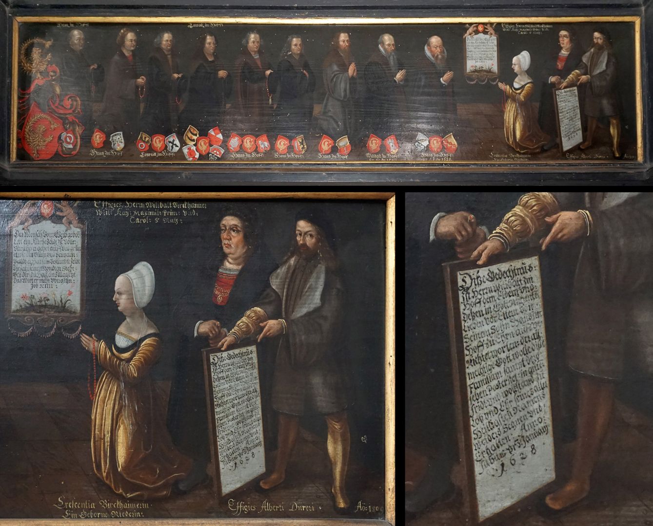 Gedächtnistafel für Willibald Imhoff oben: Bildnisreihe des Stifters / unten: Detailansichten