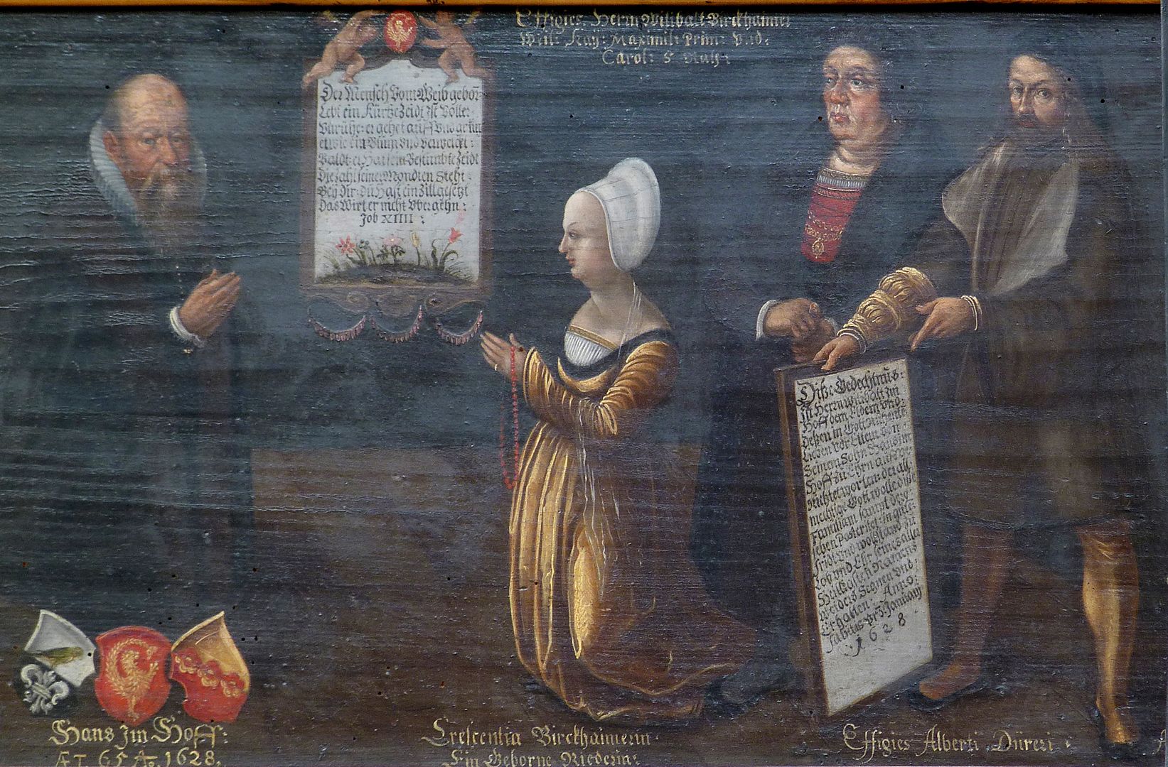 Gedächtnistafel für Willibald Imhoff Detailansicht mit Hans Imhoff, Creszentia (geb. Rieder, Ehefrau von Willibald Pirckheimer), Willibald Pirckheimer und Albrecht Dürer