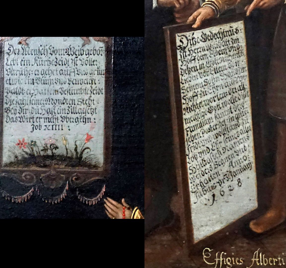 Gedächtnistafel für Willibald Imhoff links Vers aus Joh. XIIII / rechts die Stiftungsinschrift von Dürer gehalten