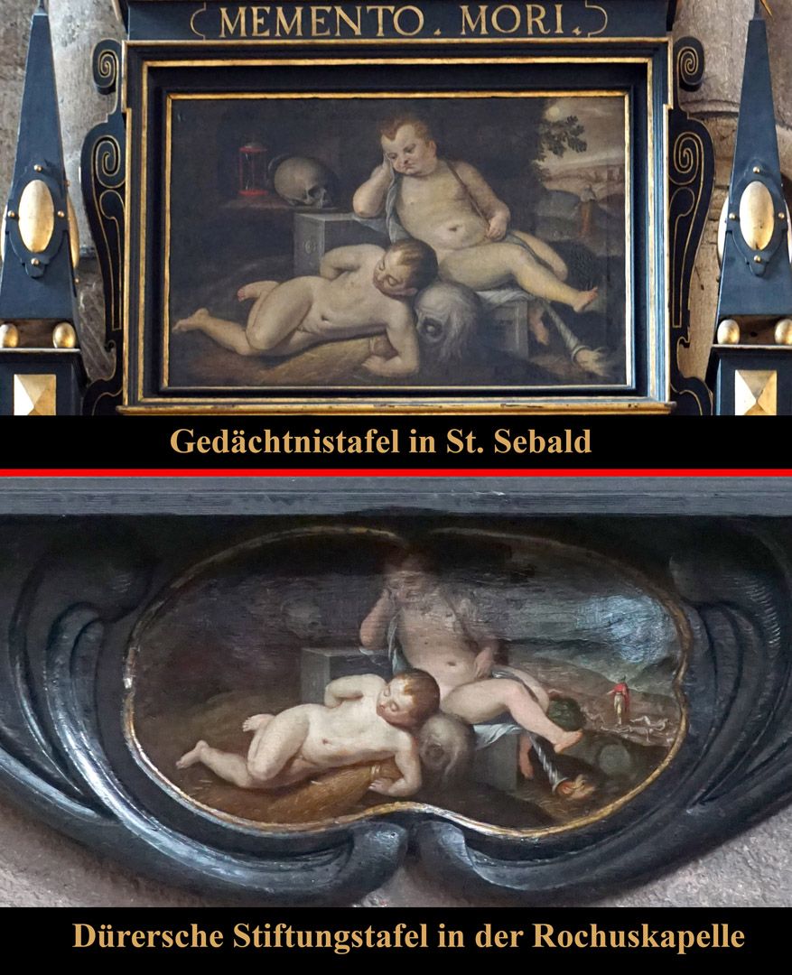 Gedächtnistafel für Willibald Imhoff Vergleichsbild mit zwei Putten: oben St. Sebald / unten sog. Dürersche Gedächtnistafel in der Rochuskapelle