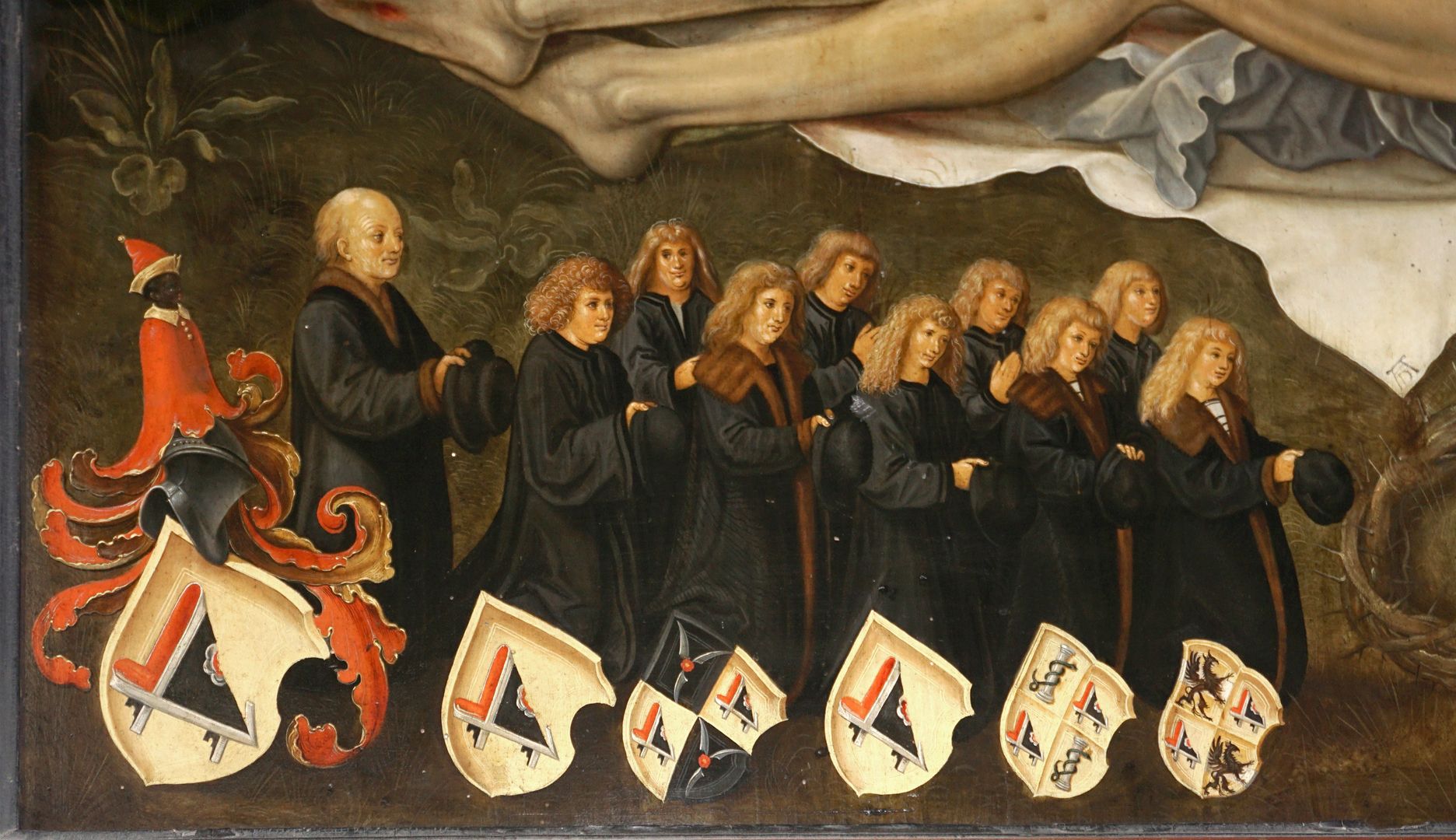Die Beweinung Christi Stifterfamilie, Männerseite: Karl III. sowie drei verheiratete Söhne mit Allianzwappen Holzschuher/Groland, Müntzer und Pühl.