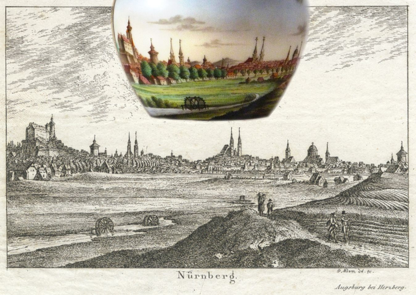 Tasse mit Nürnberg-Ansicht von Südwesten Bildvorlage von Georg Adam (1785 - 1823): Nürnberg-Ansicht von Südwesten, Radierung um 1820 und Bild auf der Tasse