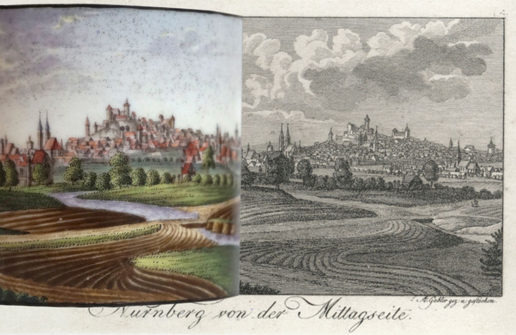 Tasse mit Nürnberg-Ansicht von „der Mittagsseite“ (Süden) Bildvergleich mit Vorlage und Bildausschnitt der Tasse