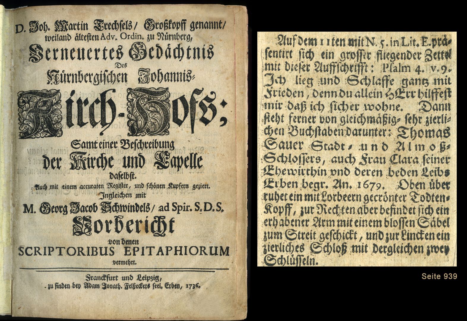 Johannisfriedhof, Grabstätte E 5 Auszug aus Joh. Martin Trechsels, Großkopf genannt: "Verneuertes Gedächtnis des nürnbergischen Johannis Kirch Hof ..." , Franckf. & Leipzig 1735 / Seite 939
