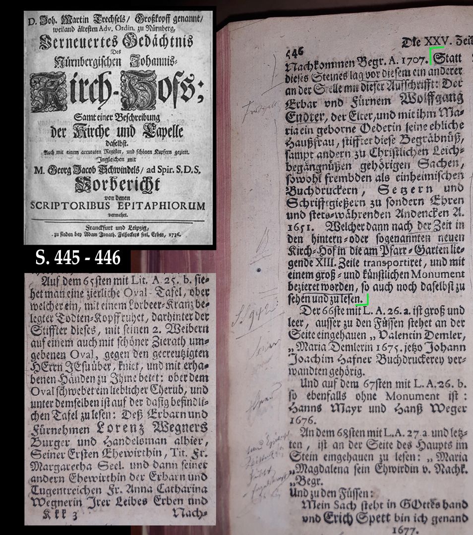 Epitaph der Buchdrucker-, Setzer- und Schriftgießer-Begräbnis Ursprüngliche Lage des Epitaphs (A 25 auf dem Johannisfriedhof) / Auszug aus Joh. Martin Trechsels, Großkopf genannt: "Verneuertes Gedächtnis des nürnbergischen Johannis Kirch Hof ..." , Franckf. & Leipzig 1735