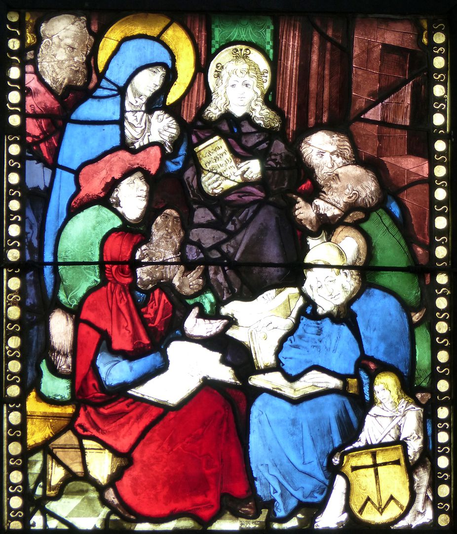 Achsen- bzw. Ostfenster Der zwölfjährige Christusknabe im Tempel im Kreise der Schriftgelehrten