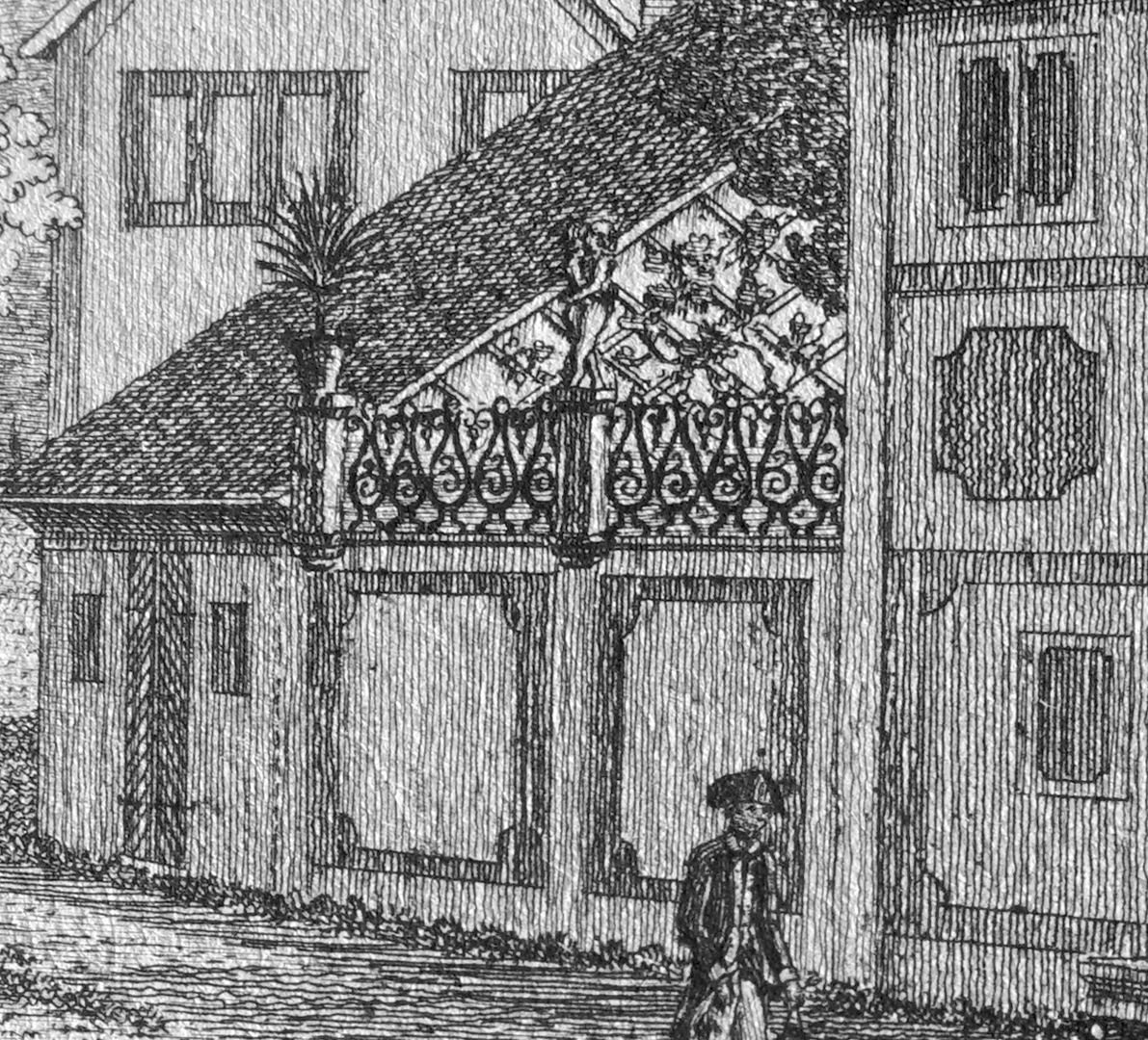 Hallerwiese Detailansicht der rechten Blatthälfte, Barockhaus mit Terasse