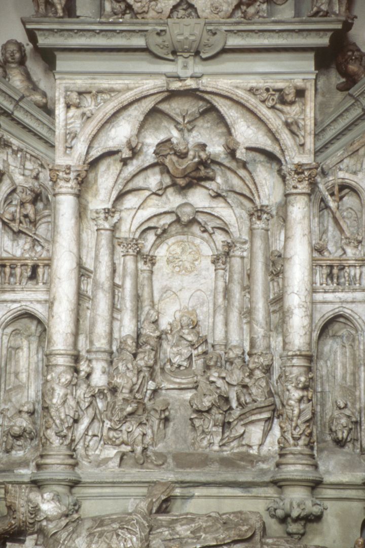 Epitaph für Fürstbischof Ernst von Mengersdorf Hauptszene, Jesus belehrt die Schriftgelehrten, unten liegt der Verstorbene über welchen sich die Szene im Tempel "aufbaut"