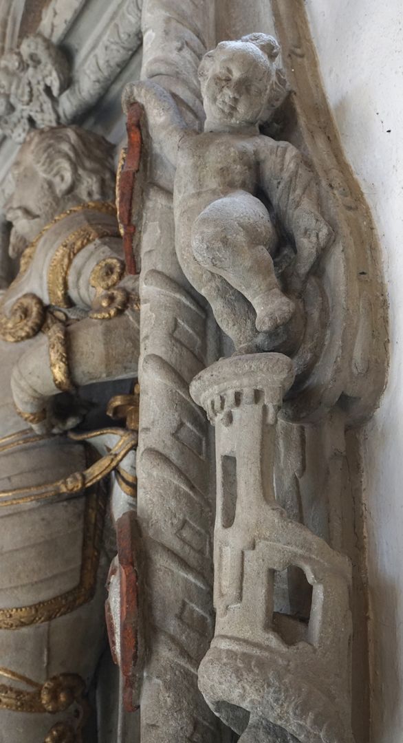 Epitaph für Friedrich von Dobschütz Detail mit Putto auf Rollwerk