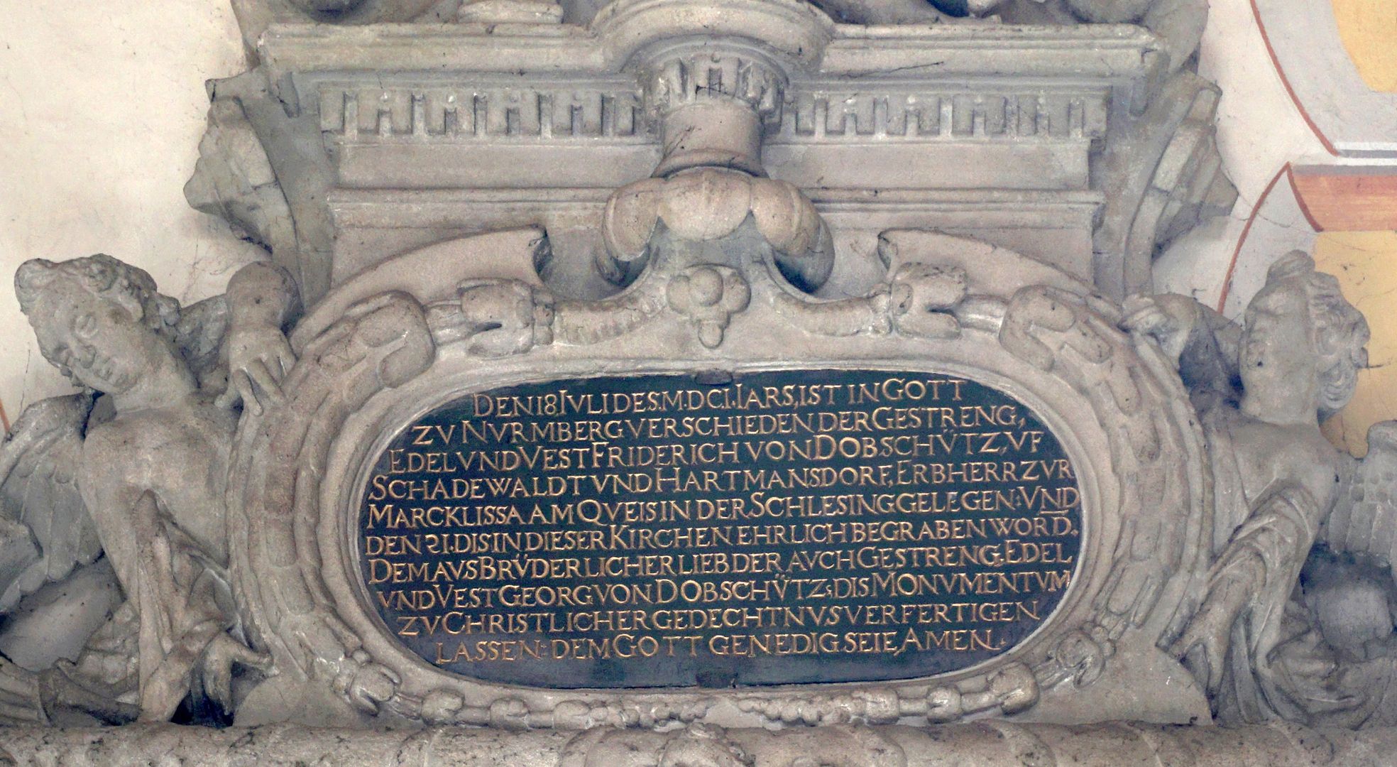 Epitaph für Friedrich von Dobschütz Kartusche mit Inschrift