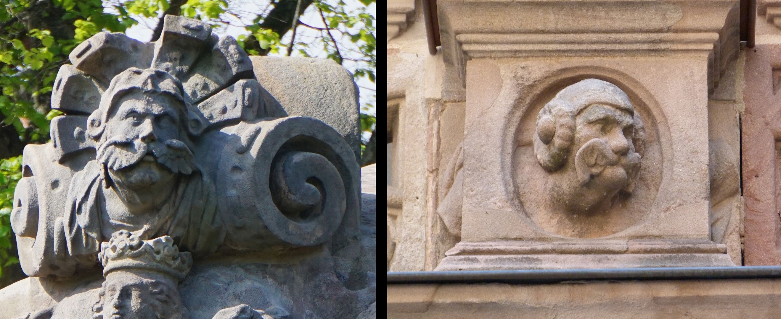 Vestnertorbastei: Wappen der Ostseite Bildvergleich: links Detail aus dem Wappen / rechts Detail aus dem Hof des Pellerhauses 1605 - 1607 (Für diesen Hinweis ist Harald Pollmann zu danken)