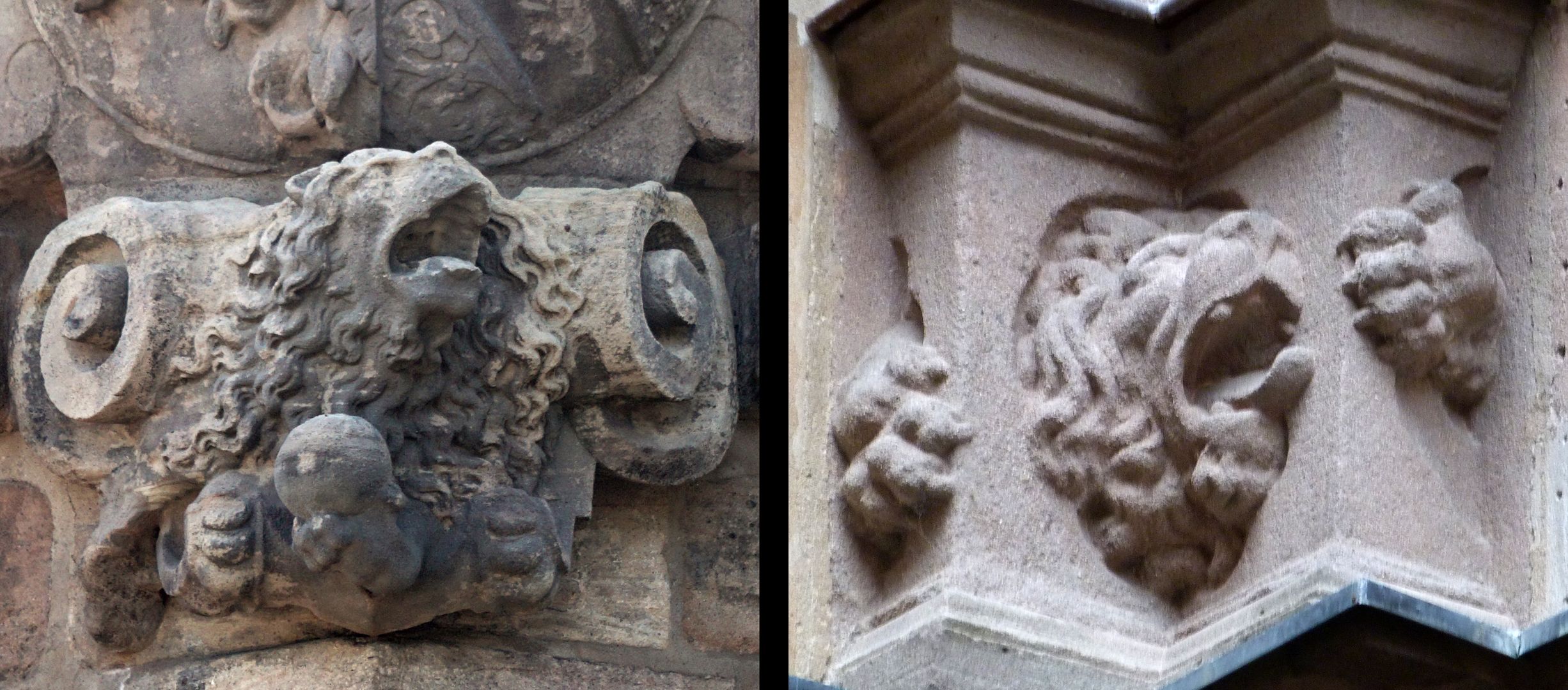 Vestnertorbastei: Wappen der Westseite Bildvergleich: links Detail mit Löwen unterhalb des Wappens / rechts Detail aus dem Hof des Pellerhauses 1605 - 07