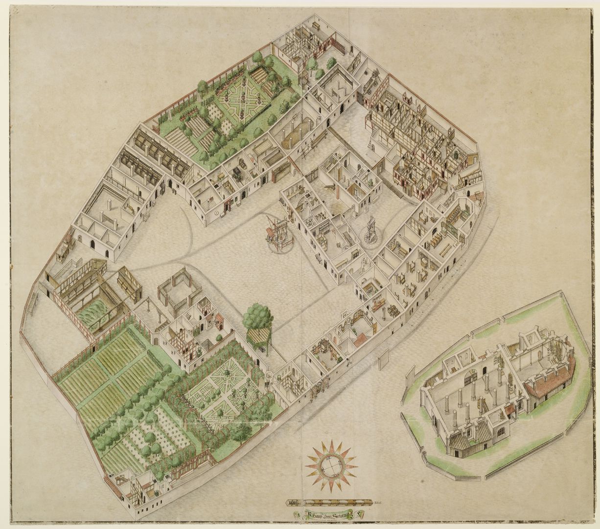 Isometrische Darstellung der Gesamtanlage des Deutschen Hauses in Nürnberg mit Einblick in die Erdgeschosse Gesamtansicht: unten Zier- und Nutzgarten (das westliche Areal war der Wirtschaftsteil), oben der sogenannte Goldarbeiters-Garten, rechts davon die alten Spital und Zinshäuser.