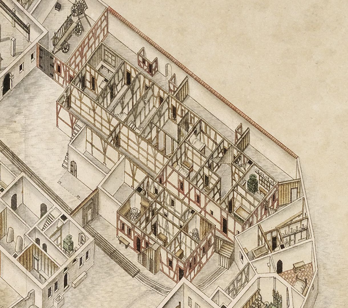 Isometrische Darstellung der Gesamtanlage des Deutschen Hauses in Nürnberg mit Einblick in die Erdgeschosse Detail der alten Spital- und Zinshäuser