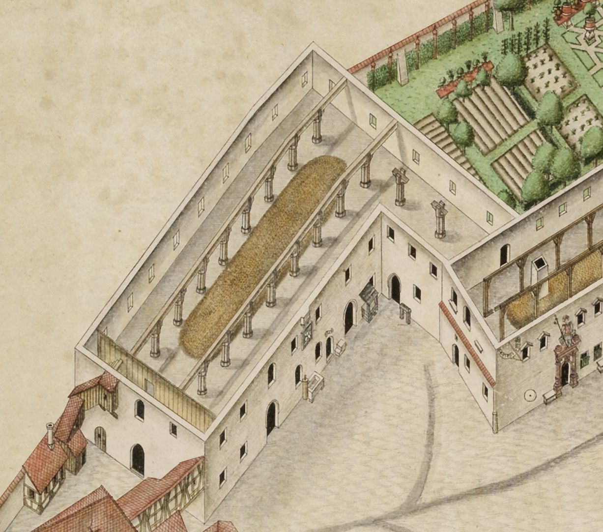 Isometrische Darstellung des Deutschen Hauses zu Nürnberg aus der Vogelschau mit Einblick in die obersten Geschosse Detail Kornspeicher mit mehrschiffigen Hallen