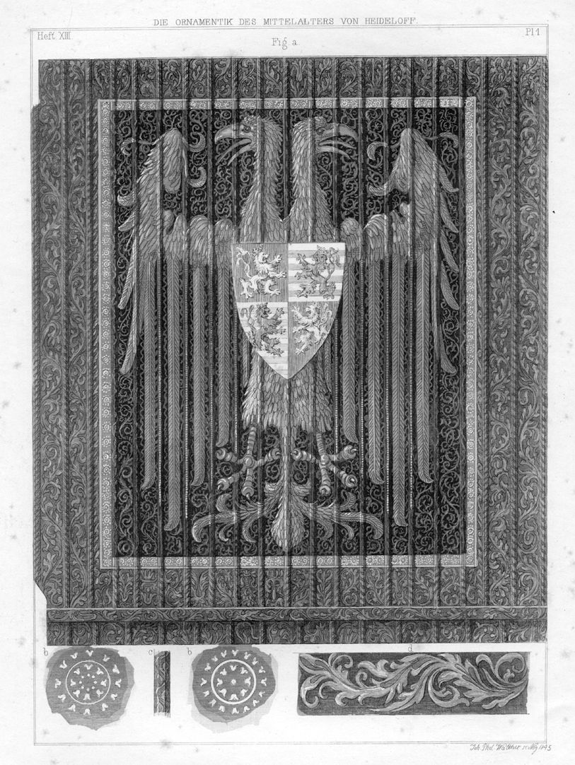 Ornamentik des Mittelalters Nürnberg, Kaiserburg, Doppeladler-Decke, das Wappen auf der Adlerbrust ist eine Invention Heideloffs.